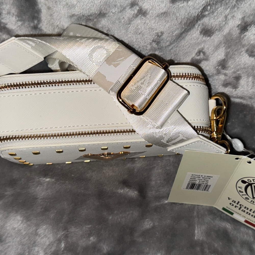 Valentino Orlandi White Studded Camera Bag Style Crossbody with Gold V Logo - Picture 2 of 3